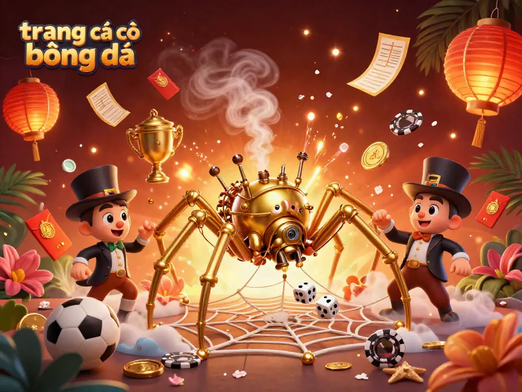 Trang cá cược bóng đá với một con nhện vàng 3D xây dựng mạng lưới từ dây xích vàng và chip poker.