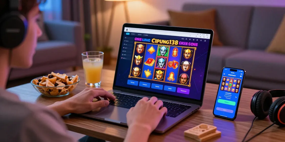 Pengguna menikmati permainan slot cipung138 di laptop dan smartphone dalam suasana santai di ruang tamu yang modern.