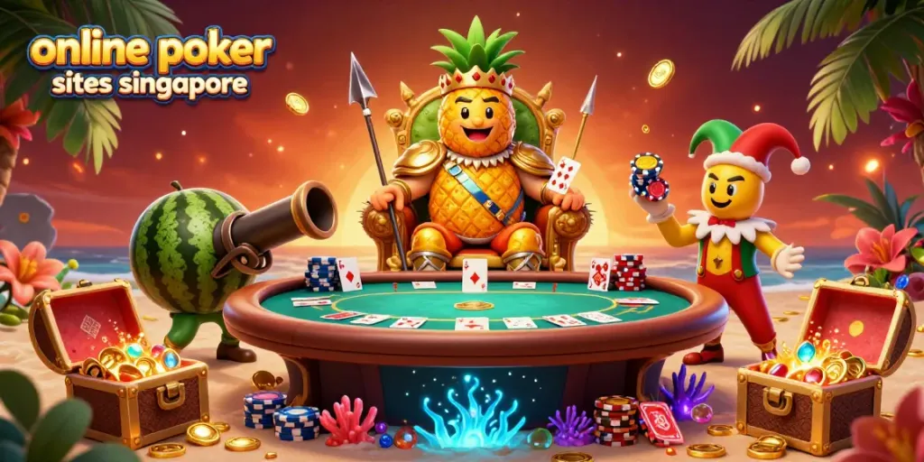 Engage with online poker sites singapore as a golden pineapple king leads the action at a vibrant beach poker table.
