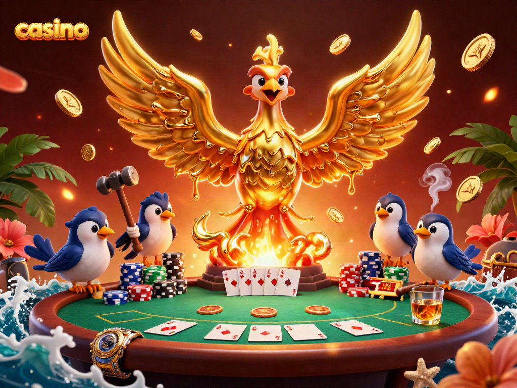 Experience the thrill of casino gaming with vibrant 3D imagery featuring a molten phoenix and poker elements.