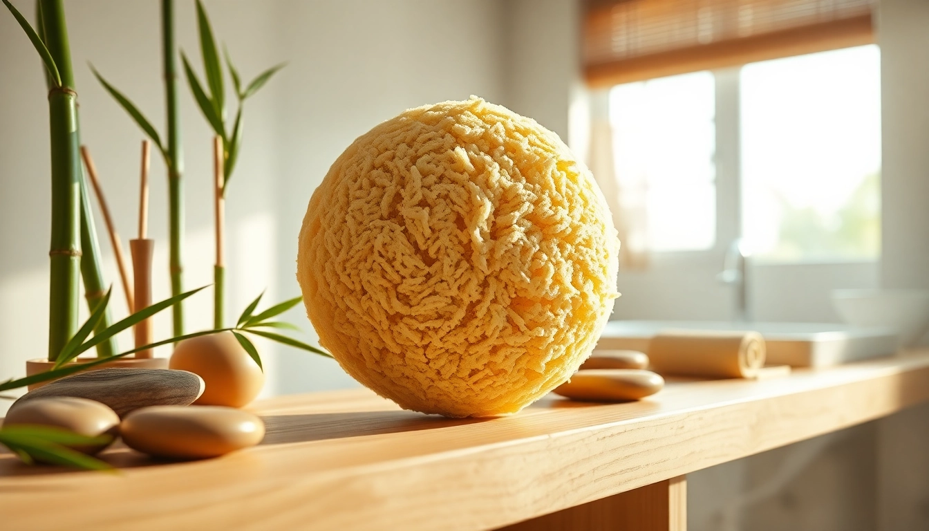 Exquisite raw loofah sponge showcasing its natural texture on a wooden shelf.