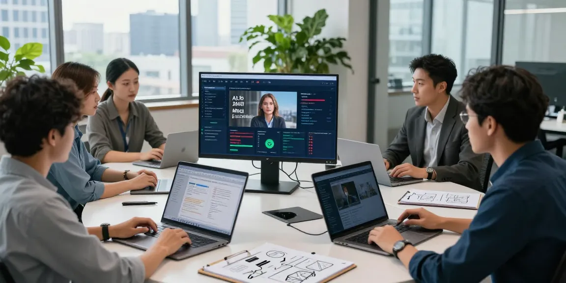 Team collaborating in a tech workspace utilizing an ai detector for content moderation.