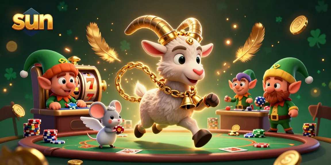 Join the excitement at a sun-themed casino with cartoon characters enjoying slots and poker.
