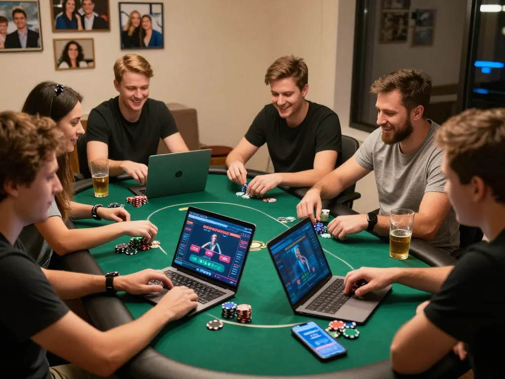 Nikmati poker online bersama teman di rumah, chip dan minuman meningkatkan suasana bermain
