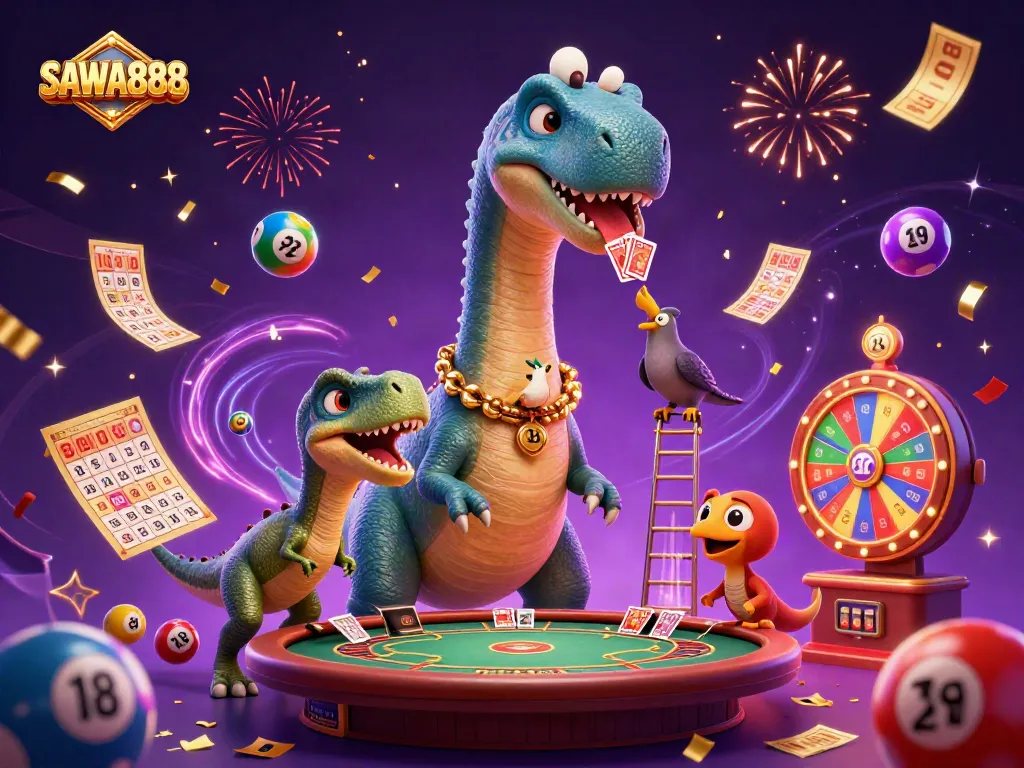 SAWA888 celebrates casino excitement with illustrated characters and vibrant elements in an engaging scene.