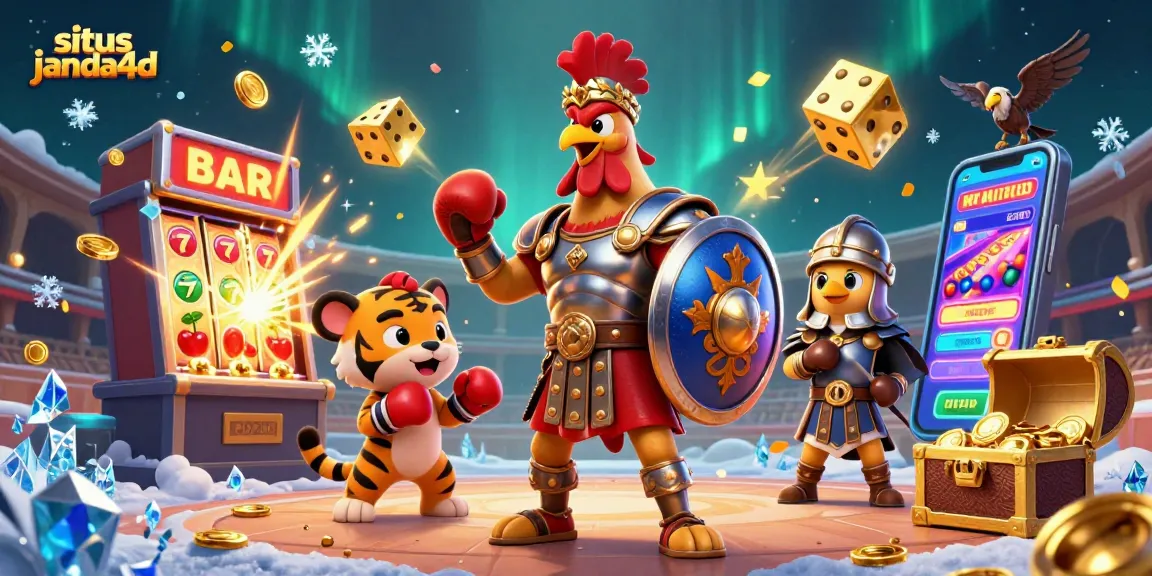 situs janda4d menampilkan ilustrasi 3D gladiator ayam dengan mesin slot, simbol jackpot, dan elemen kasino lainnya