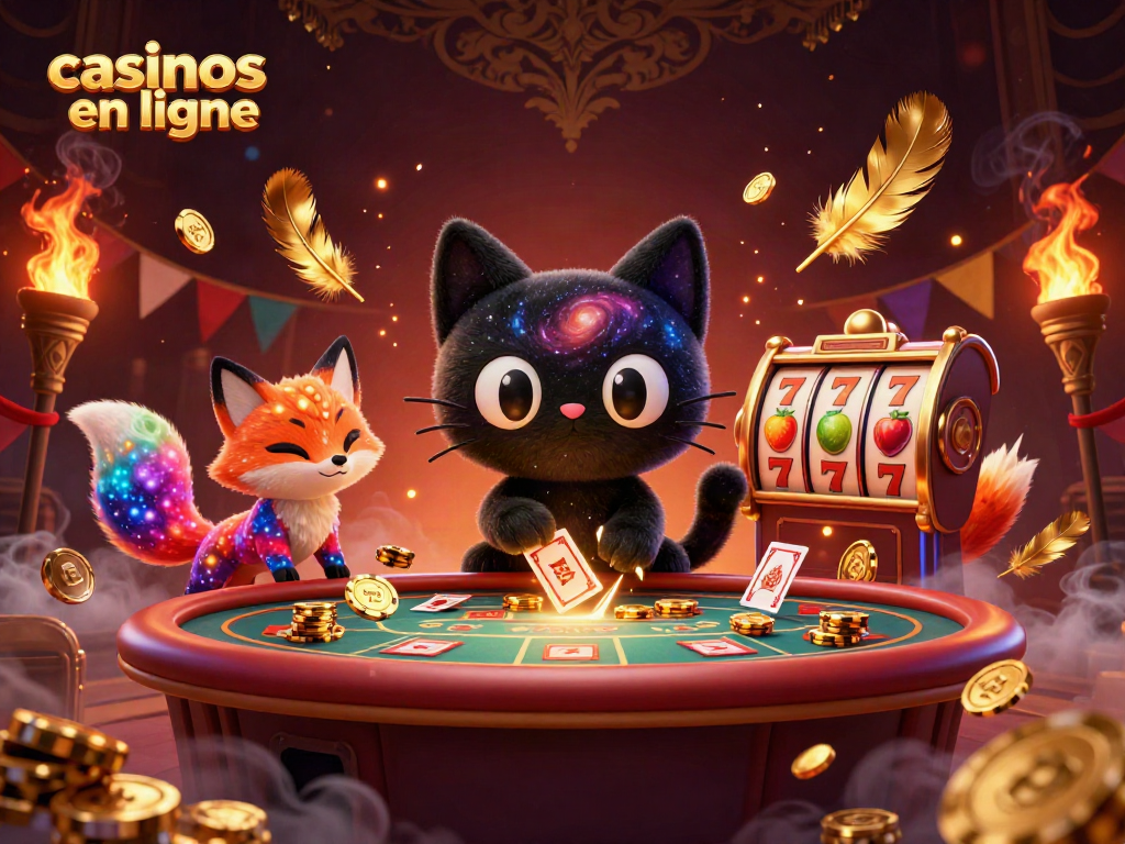 Aperçu de casinos en ligne avec un chat noir trou noir et un renard nébuleux, illustrant des jeux captivants.