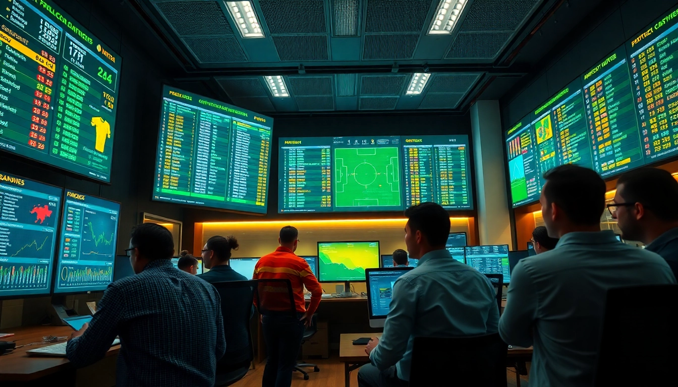 Kèo nhà cái analysis in a vibrant sports analytics office showcasing live statistics and betting odds.