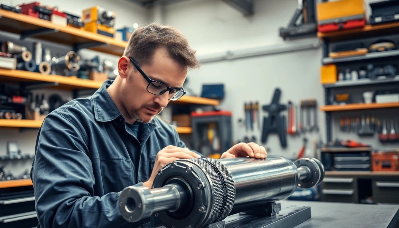 Expert performing hydraulic cylinder repair in a workshop, showcasing professionalism and focus.