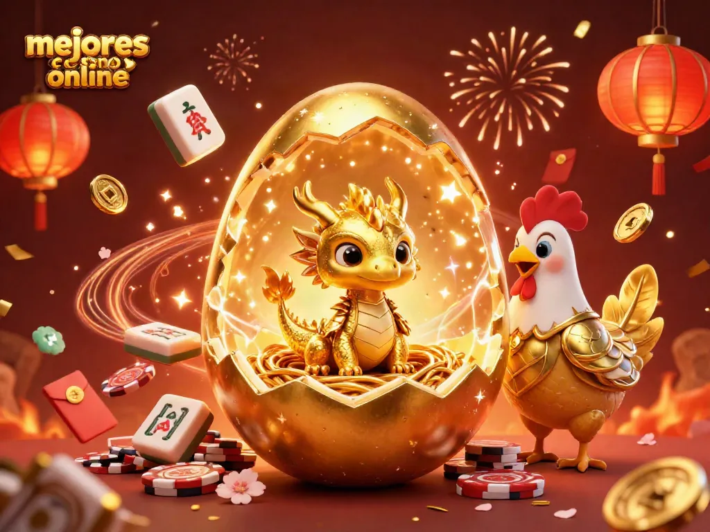 Disfruta de los mejores casinos online mientras un dragón dorado emerge de un huevo en una atmósfera festiva.
