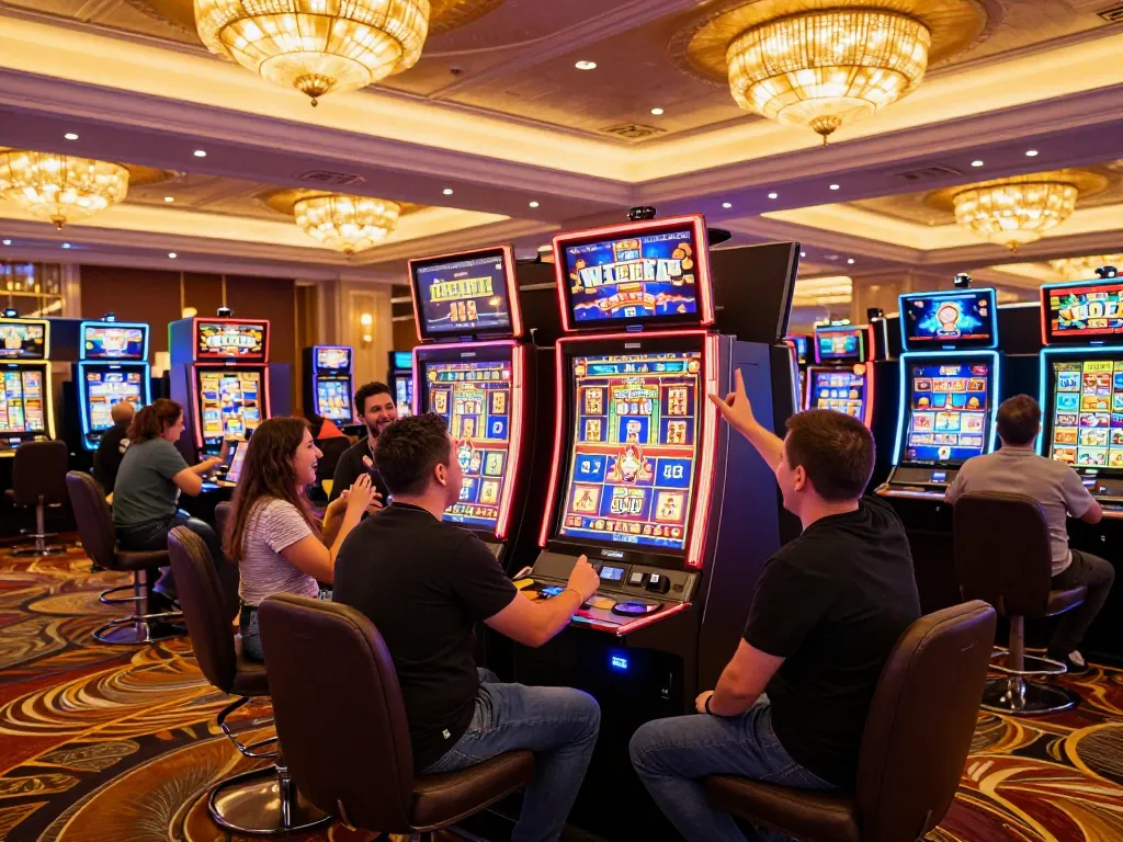 Excited players engaging with slot online machines in a vibrant casino atmosphere