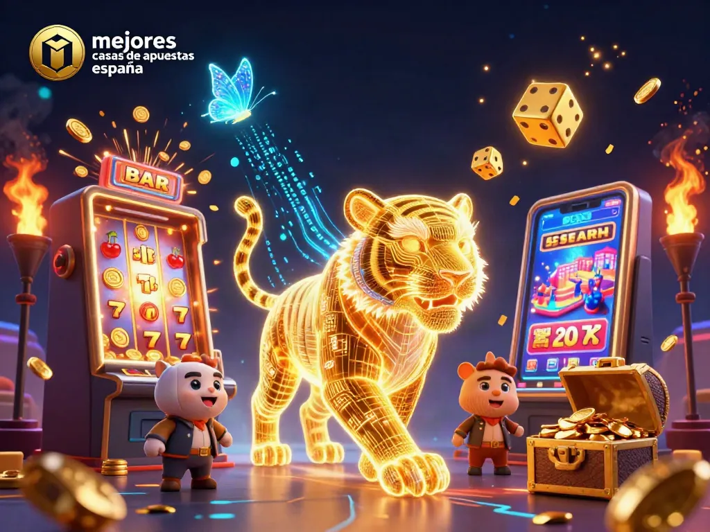 Interacción en las mejores casas de apuestas en España, con un tigre dorado y símbolos de casino.