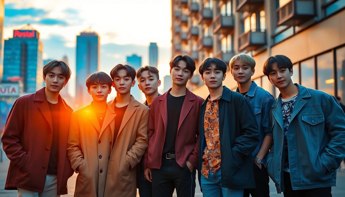 Captivating portrait of bts members showcasing their unique styles and charisma in an urban setting.