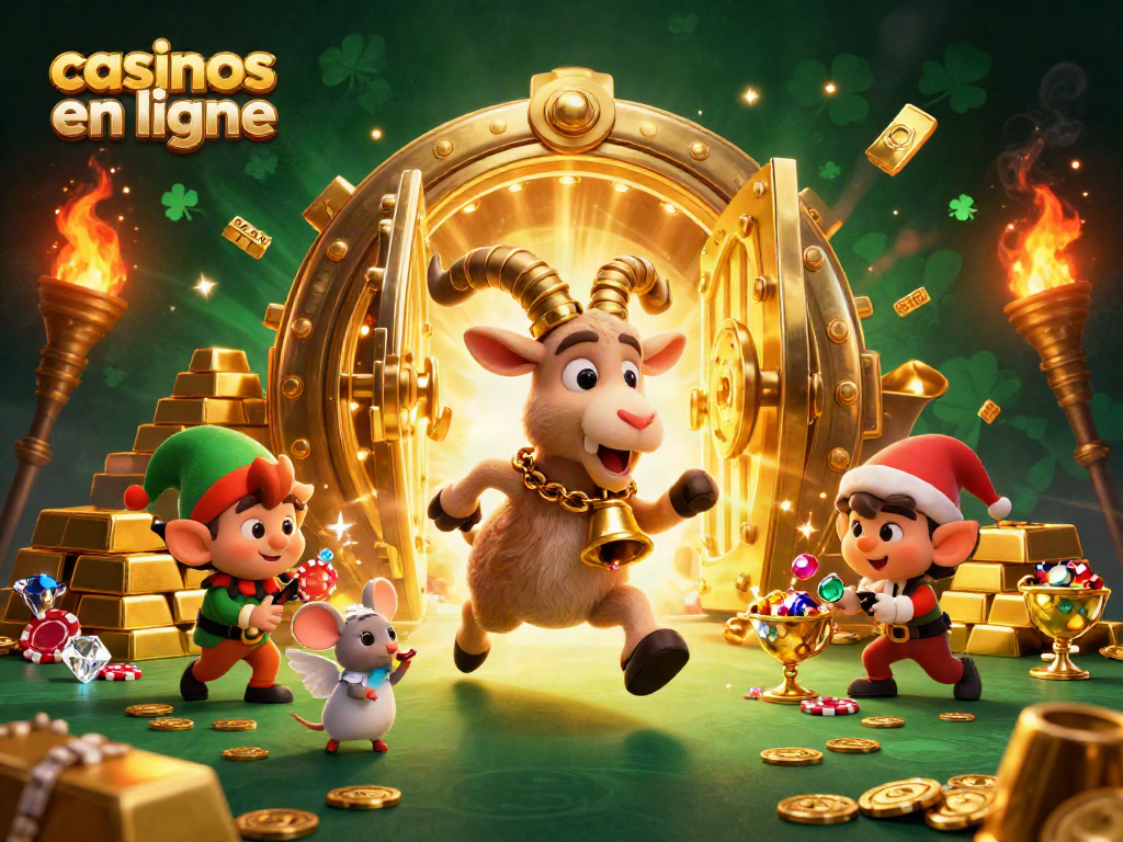 Jouez aux casinos en ligne avec cette illustration 3D festive d'un Krampus et d'elfes farceurs volants des jetons.