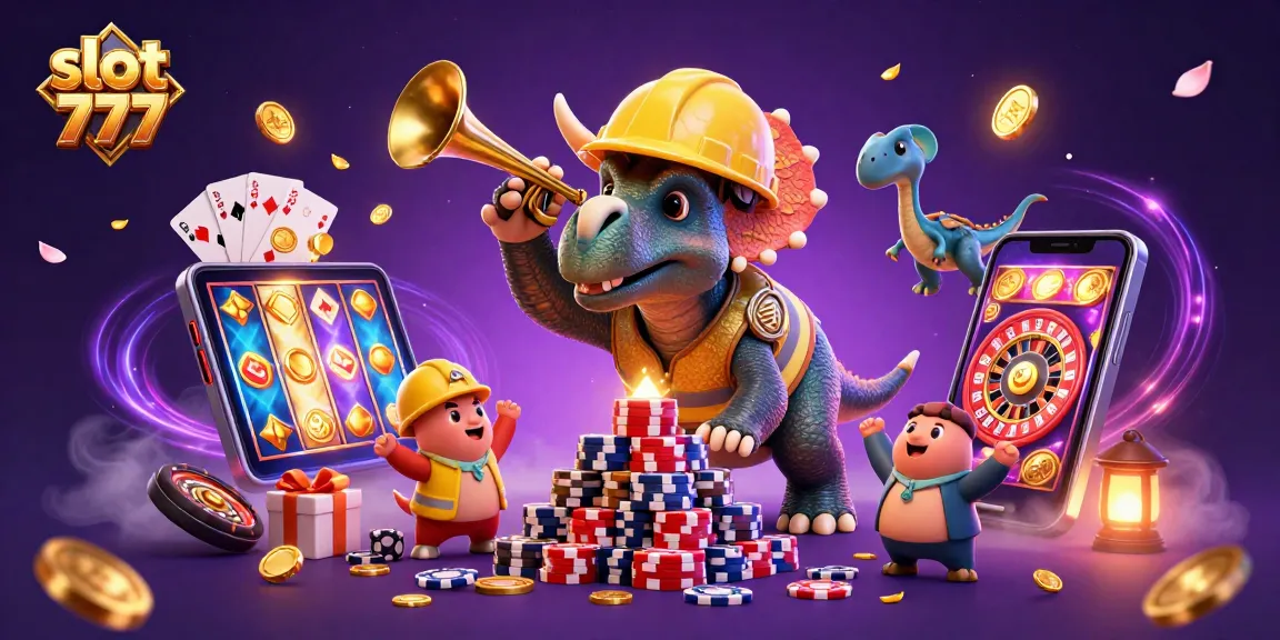 Permainan slot 777 memukau dengan triceratops membangun tumpukan chip poker.