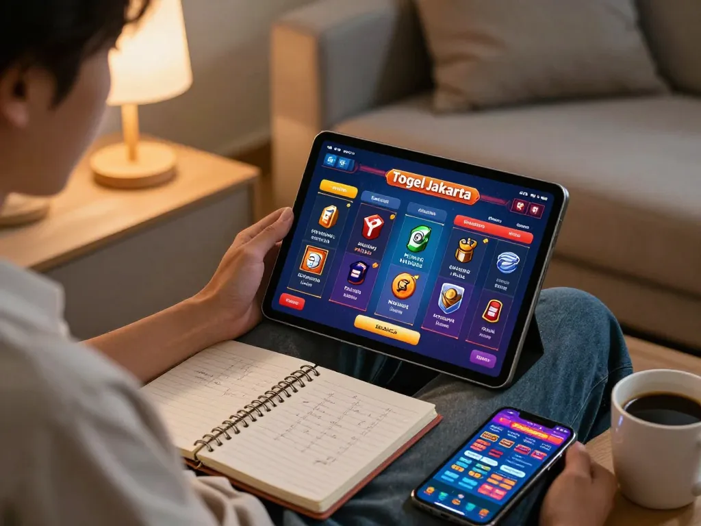 Person engaging in online togel jakarta betting using a tablet, showcasing strategic gaming setup and home comfort.