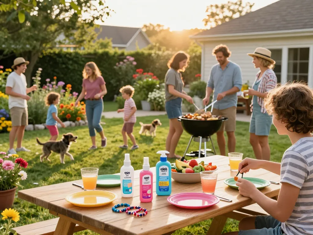Family enjoying a summer barbecue with mosquito repellent products visible on the table for effective outdoor protection.