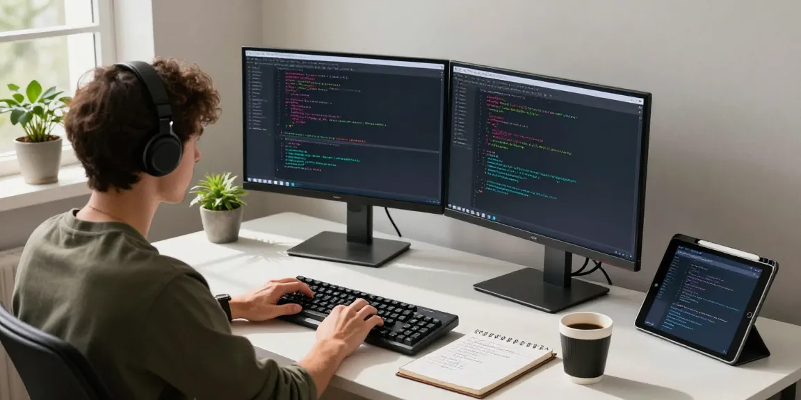 Programmer using Notepad++ in a modern tech workspace with dual monitors.