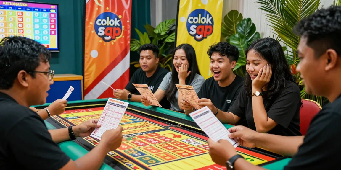 Koloksgp pemain lotere yang antusias berdiskusi di meja permainan dengan tiket lotere dan suasana yang meriah.