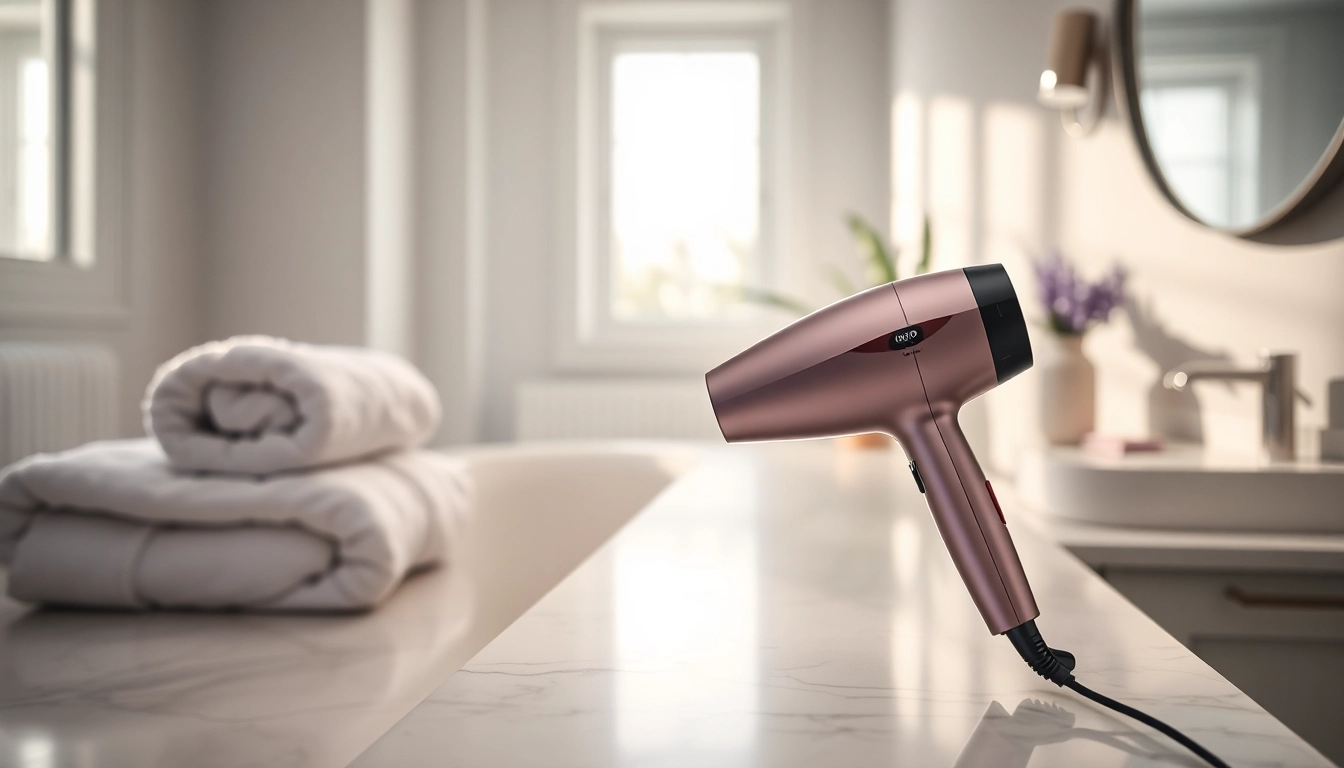An elegant ionic hair dryer showcasing its sleek design and features on a marble bathroom countertop.