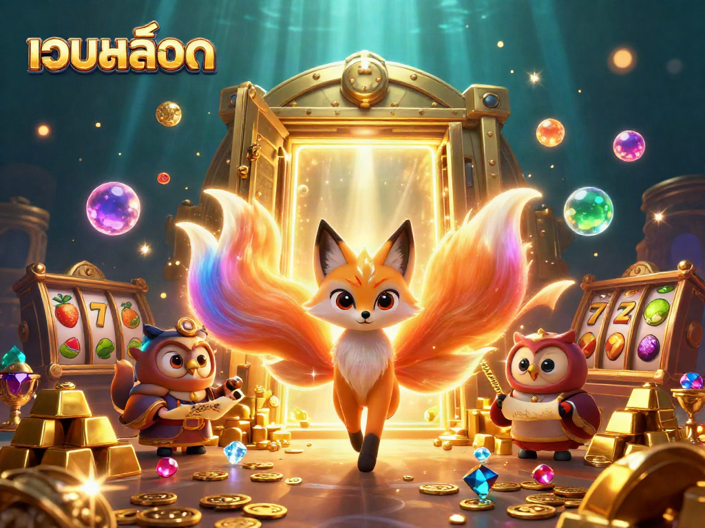 Experience vibrant เว็บสล็อต with a nine-tailed fox spirit and treasures, showcasing thrilling casino elements.