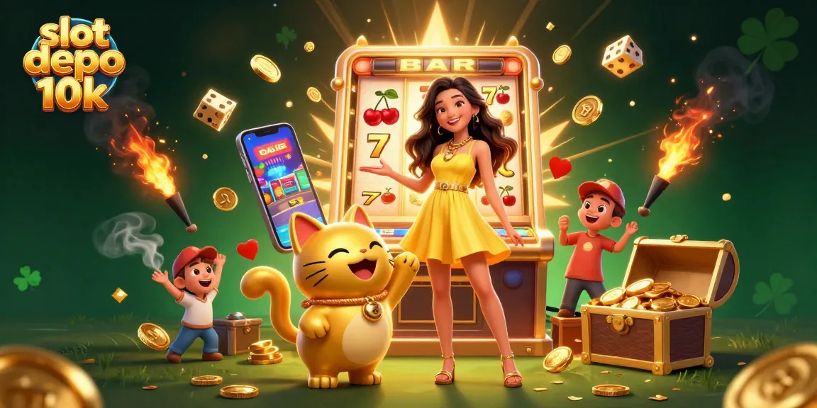 Join the excitement of slot depo 10k with a vibrant scene featuring a cheerful woman and golden lucky cat.