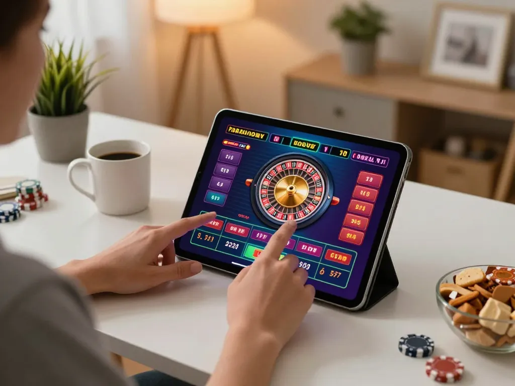 TIGERASIA88 player engaging with live casino games on tablet in a cozy home office.