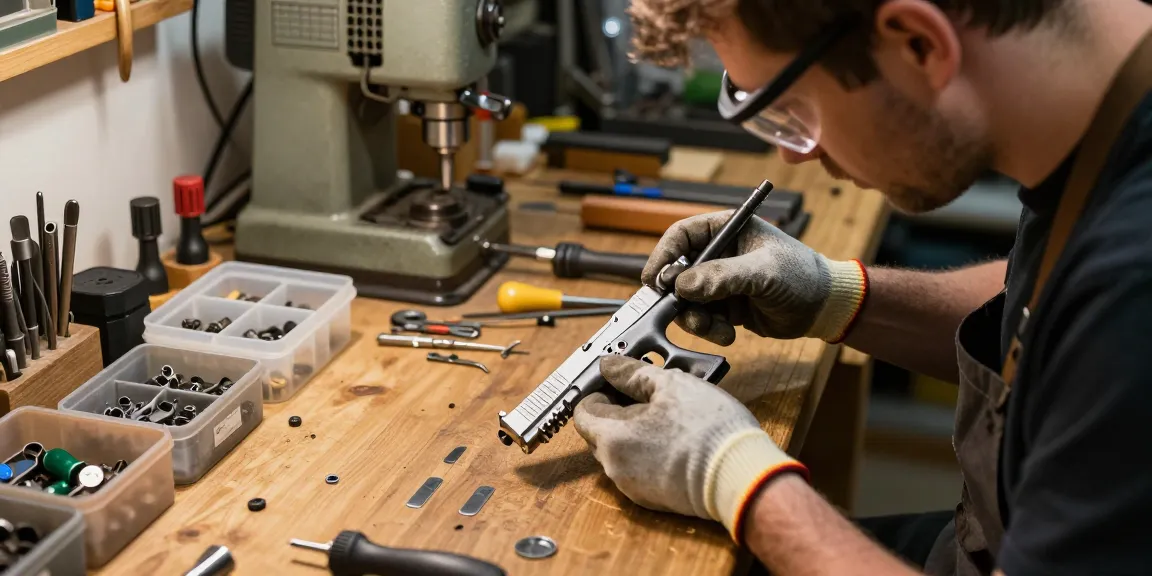 Craftsman at work on precision Glock slides at https://precisionglockslides.com in a well-equipped workshop.
