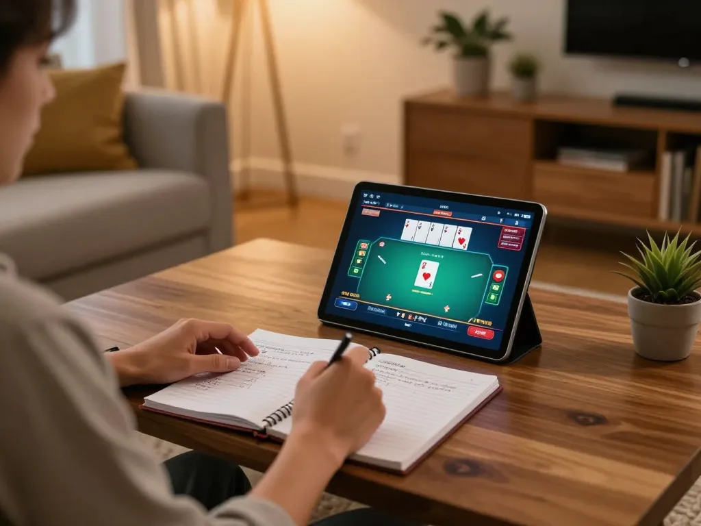 Engaging with lista casino online non aams during an online poker game at home, showcasing strategy notes and casual setup.