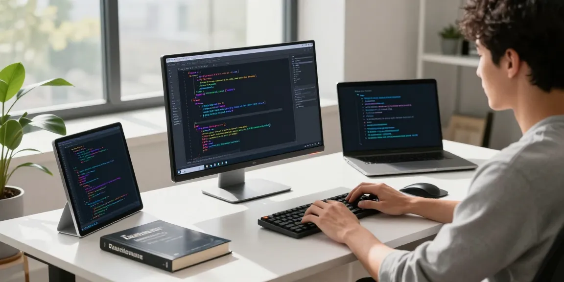 Programmer using Notepad++ in a modern workspace at https://notepad-app.co/ with dual monitors and natural light.