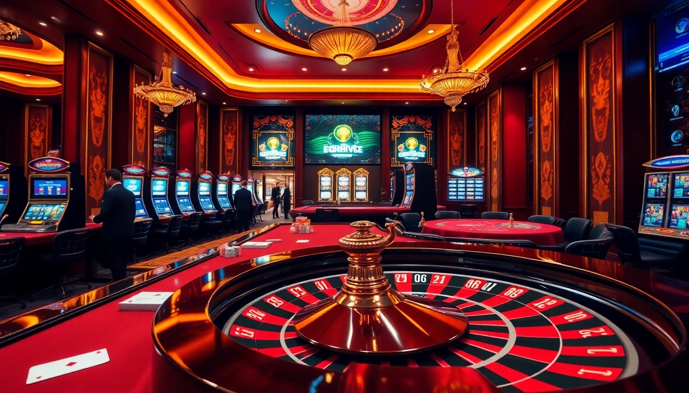 Scène excitante dans un casino en ligne de luxe 2026 avec des joueurs profitant des machines à sous et de la roulette.