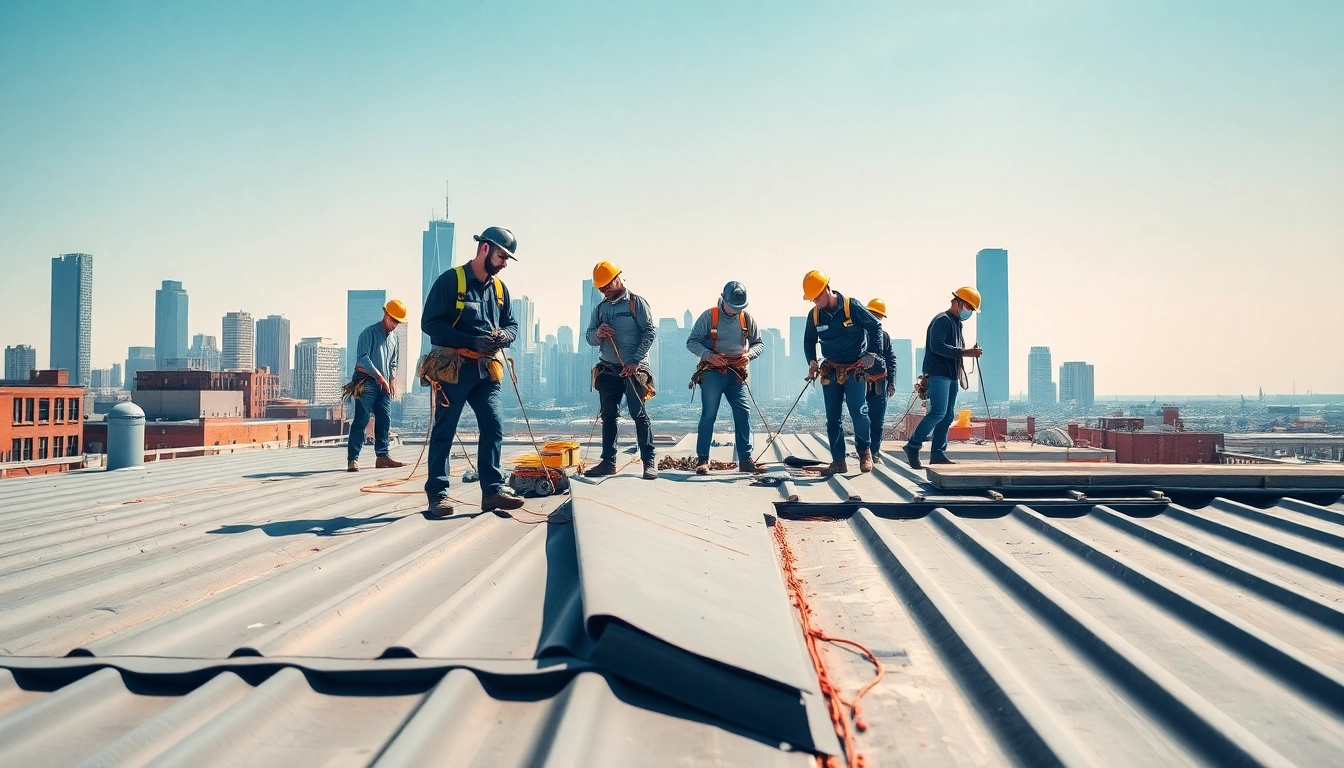 Team providing commercial roofing services performing installation on a city rooftop with tools and materials.