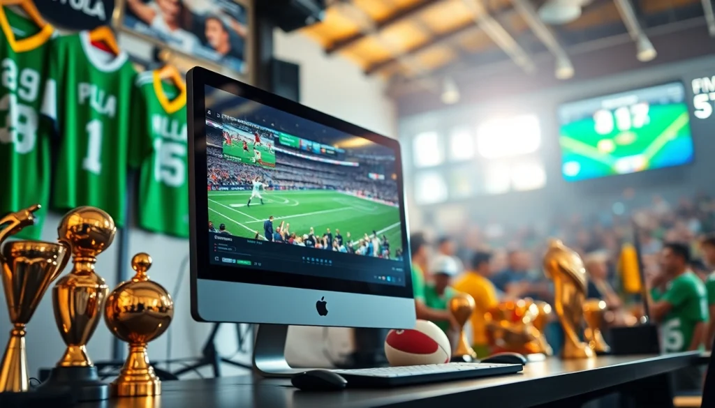실시간스포츠중계를 보여주는 스포티한 컴퓨터 화면과 다양한 스포츠 관련 기념품이 배치된 장면