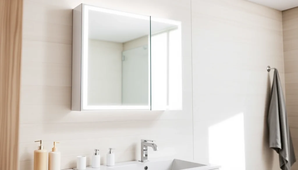 Spiegelschrank mit LED Beleuchtung in modernem Badezimmer, strahlt Eleganz und Funktionalität aus.