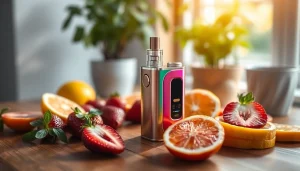 Elfbar Vape auf einem Tisch umgeben von frischen Früchten, strahlende Farben und einladende Atmosphäre
