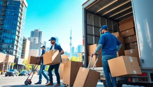 Efficient team in action providing Toronto moving services with a bustling city backdrop for a reliable move.