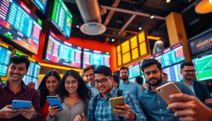 Engaged users exploring best online sportsbooks India in a high-tech sports betting lounge.