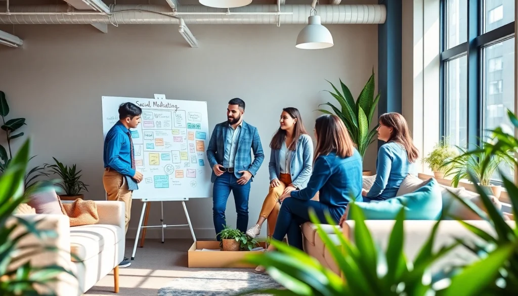 Team collaborates in a vibrant social media agency office, brainstorming strategies.