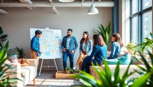 Team collaborates in a vibrant social media agency office, brainstorming strategies.