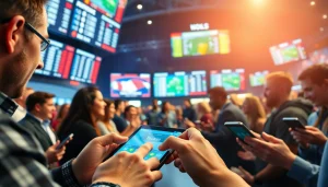 Engaged bettors using sportsbooks in Canada amidst a vibrant atmosphere of sports excitement.