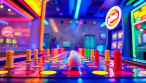 mainkan demo plinko di papan permainan Plinko yang berwarna-warni dan ramai