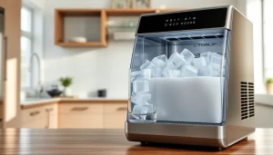 Showcase an ice maker producing ice cubes in a bright, modern kitchen.