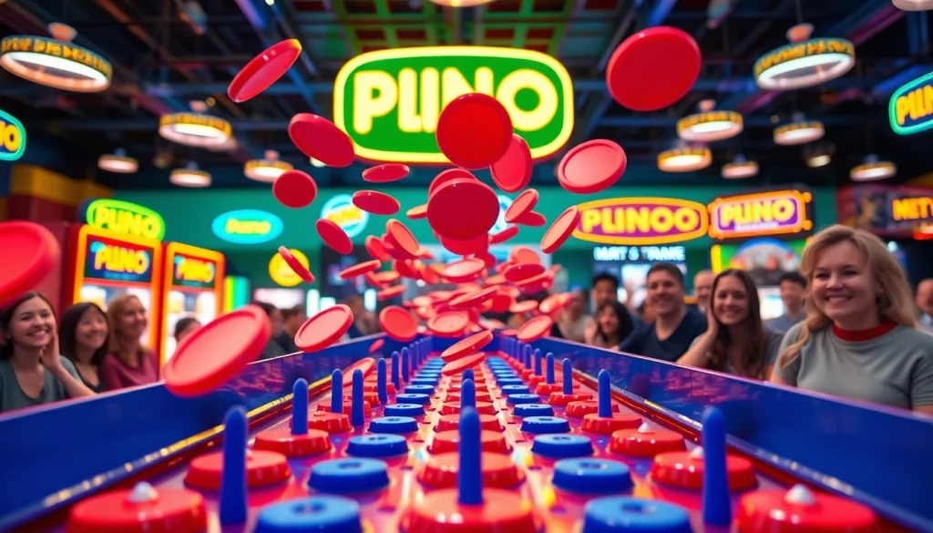 Permainan plinko demo yang dinamis dengan banyak disk yang jatuh dan suasana ceria di arena permainan.