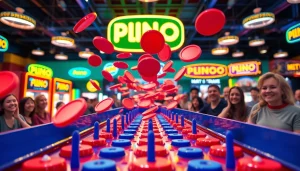 Permainan plinko demo yang dinamis dengan banyak disk yang jatuh dan suasana ceria di arena permainan.