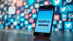 instapro apk download on a modern mobile interface surrounded by social media icons