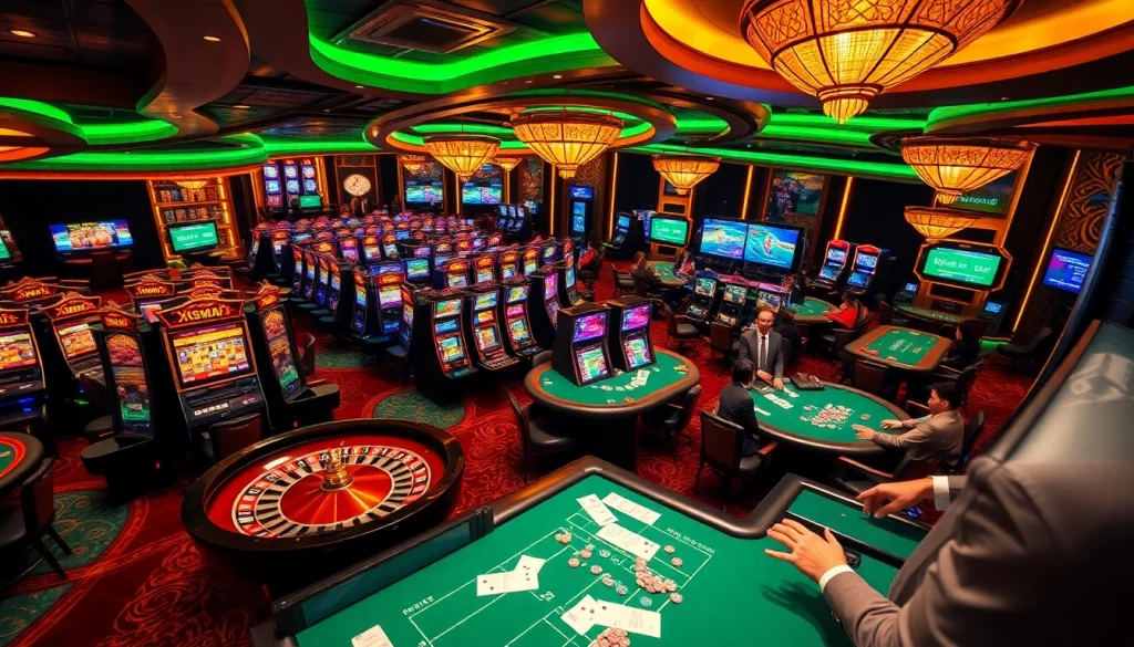 XSMB247 betting excitement with poker tables and live roulette in a luxurious casino.