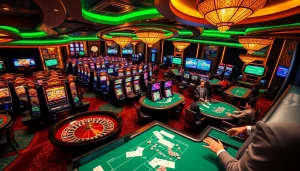 XSMB247 betting excitement with poker tables and live roulette in a luxurious casino.