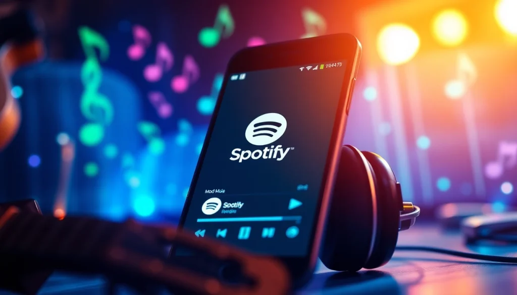 Experience the Spotify mod apk on a smartphone with vibrant music notes.