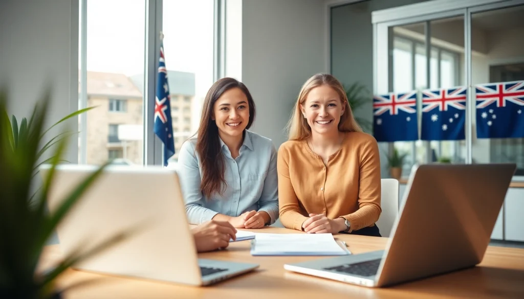 Partner Visa agent in Australia guiding clients through the immigration process in a professional office.