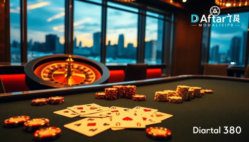A dynamic casino scene showcasing intense poker action with the theme of Daftar Modal138, featuring vibrant poker chips, cards, and a roulette wheel.